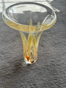 Vintage MCM Made In Poland Vase Thick Rim And Heavy Base Iridescent Tan Swirls - Picture 1 of 12