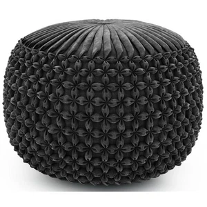 Bowery Hill Contemporary Boho Round Pouf in Slate Gray Velvet Fabric - Picture 1 of 6