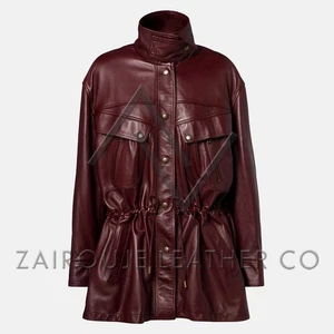 Giacca utility pelle bordeaux donna, vera pelle di agnello coulisse vita cappotto chic - Foto 1 di 12