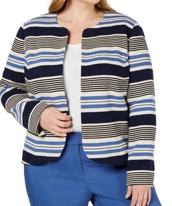 Blazer Anne Klein Talla 16 16W Azul Negro Tweed Rayas Tulipán Dobladillo Chaqueta Algodón Nuevo - Imagen 1 de 7