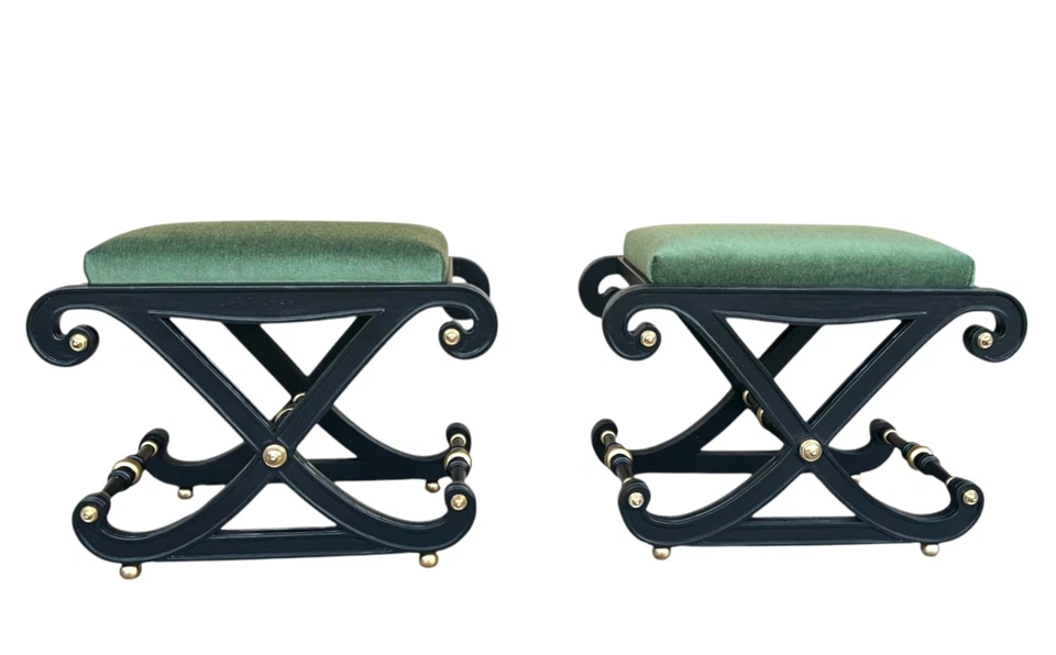 Par de bancos Hollywood Regency años 70 - mohair terciopelo oliva, base X, Foto 1 de 4