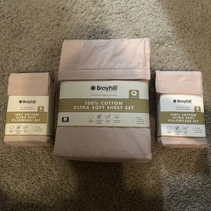 BROYHILL Solid 100% Cotton 350 Thread Count QUEEN Sheet 4 Piece Pink WITH PILLOW - Picture 1 of 2