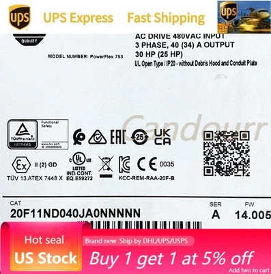 AB 20F11ND040JA0NNNNN PowerFlex 753 VFD 30HP 480VAC Fast Shipping US Free Tax - Image 1 of 4