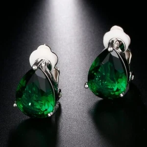18K WHITE GOLD PLATED GENUINE EMERALD GREEN CUBIC ZIRCONIA CLIP-ON EARRINGS - Picture 1 of 1