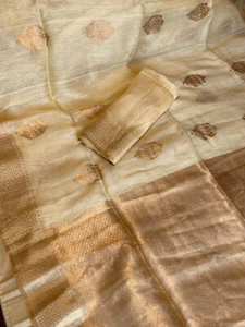 Sari/telaio a mano puro lino lino seta lino banarasi 79 - Foto 1 di 12