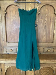 Reformation Juliette Kleid 2 smaragdgrün Spaghettiträger Bindebänder hoher Schlitz Midi - Bild 1 von 10