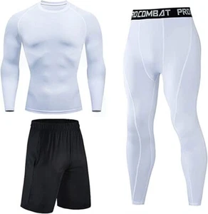 Mens GYM 3 piece Compression Running Set Rashguard Base Layer shorts Leggings - Picture 1 of 16