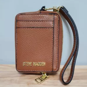 Steve MADDEN PEBBLED FAUX BROWN LEATHER WRISTLET Zip ID Credit Card - Picture 1 of 5