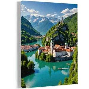 Scenic view of Town on a Mountain Forest Lake Wall Art Canvas Unframed/Framed - Imagen 1 de 6