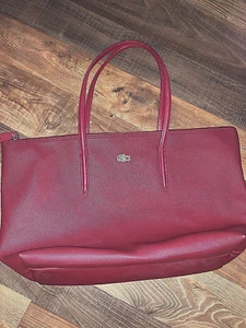 LACOSTE Virtual Burgundy Red Ted Split Cow Leather Large Travel Tote READ - Picture 1 of 10