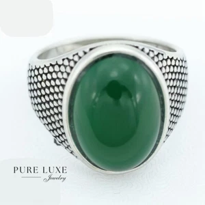 Men's Stainless Steel.Green Jade Stone Wedding Rings #8-12 High Polish Box - Picture 1 of 4