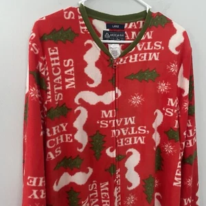 NWT Men’s Large Christmas One Piece Fleece Zip Up Pajamas Funny Mustache Pjs L - Picture 1 of 7
