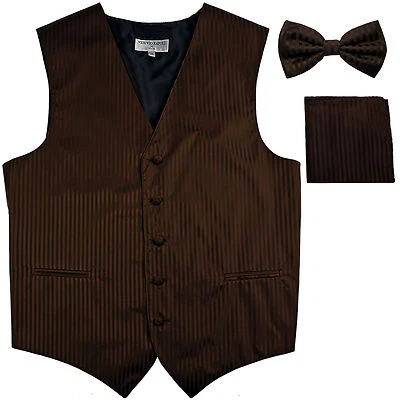 Nuevo Chaleco Formal Para Hombre Esmoquin Chaleco_Pajarita y Pañuelo Conjunto Rayas Marrón Baile de graduación Foto 1 de 4
