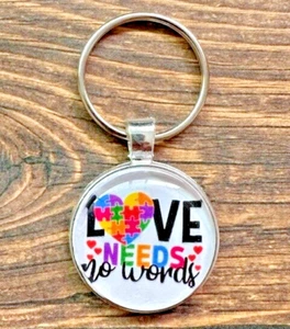 Key Chain Zipper Pull Glass Dome Cabochon Autism Puzzle Love Needs No Words RTS - Picture 1 of 1