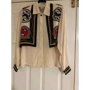 Vintage 90er Silk Land Schal Print Langarm Seide Button Down Hemd Small - Bild 1 von 12