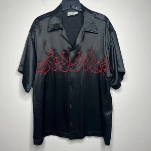 Vintage 90s DeVille Flame Pattern Black Silky Polyester Shirt USA Devil XL Retro - Bild 1 von 11