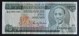 (1975) Barbados 5 $ Banknote P#32a S/N# G4340246 - Bild 1 von 2