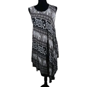Boho Elephant Print Sleeveless Swing Dress – Black White Tribal Festival XL - Picture 1 of 7