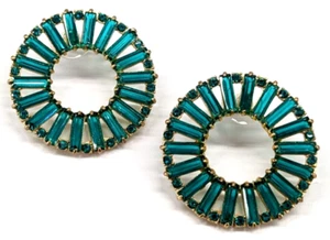 J. Crew Chunky Green Acrylic Rhinestone Bronze Tone Circle Pierced Hoop Earrings - Picture 1 of 6