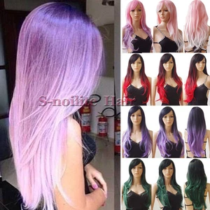 Pastel Pink Purple Red Long Ombre Cosplay Wig Curly Wavy Party Anime Wig Women w - Picture 1 of 67