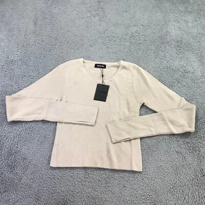 New Naadam Top Womens Medium Long Sleeve Ribbed Cropped Top Beige Shirt - Picture 1 of 8