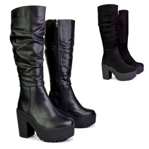 Womens Platform Knee High Boots Ladies Chunky Block Heel Zip Goth Biker Size 3-8 - Picture 1 of 21