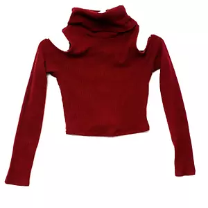 Hollister Pullover Damen rot gestrickter Rollkragenpullover kalte Schulter kurzes Oberteil Größe Small - Bild 1 von 8