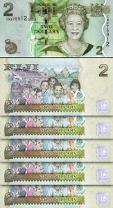 Fiji 2 Dollars 2007, UNC, 5 Pcs LOT, Consecutive, P-109a, Queen Elizabeth II - Picture 1 of 4