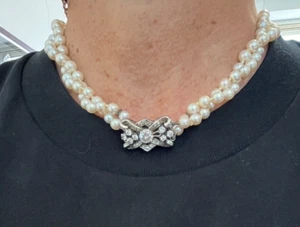ANTIQUE 18KT WHITE GOLD DIAMONDS 1.52CTS AND JAPAN PEARLS NECKLACE - Picture 1 of 8