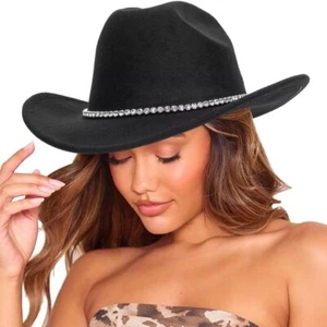 Women Western Cowboy Hat - Vintage Medium-Large, Black-1 Row Bling Band Decor - Picture 1 of 9