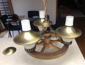 Vintage 3 Light Wagon Wheel Hanging Chandelier Lamp Light Fixture 15” Complete - Picture 1 of 20