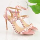 Badgley Mischka Women's Sandal Size 7 Stiletto Heel Pink Satin Pearl Ankle Wrap
