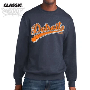 Detroit Tiger Tail Baseball Script Heather Navy Classic Crewneck - Picture 1 of 3