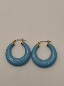 Ross Simons 14k Yellow gold Simulated Turquoise puffy hoop earrings - Picture 1 of 10