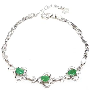 3 Genuine Earth Mined Natural Emeralds Sterling Silver Bracelet 7" Clover Charm - Picture 1 of 24