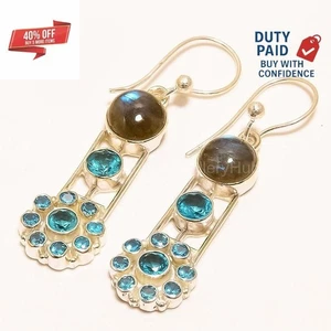 925 Silver Natural Shiny Labradorite Blue Topaz Dangle Art Deco Earrings Jewelry - Picture 1 of 7