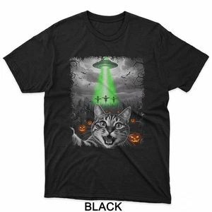 Halloween Katze Selfie mit Alien Ufo Kürbis Geist lustig Katze T-Shirt - Bild 1 von 9