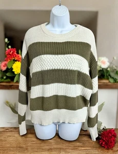 A New Day Rundhalspullover Pulli Gr. L gestreift olivgrün und creme kuscheliger Strick - Bild 1 von 7