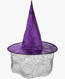 ACCESORIOS DE LUJO Adulto Púrpura con Velo Web Negro Sombrero de Bruja Halloween  - Imagen 1 de 4