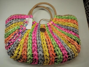NEW STRAW STUDIOS MULTICOLORED LINED BEACH HANDBAG TOTE W HANDMADE PURSE JEWELRY - Picture 1 of 11