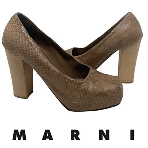 Marni Brown Snakeskin Pumps Sz EU 40 US 10 Platform Chunky Wood Heel Square Toe - Picture 1 of 13