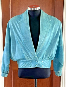 Leather Factory 80s Style Duke Jacket SMALL Womens Crop Teal Italy Retro Button - Bild 1 von 12