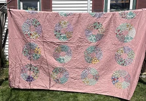 VTG Queen/King Overlay Pink Circle Star Handmade Quilt Blanket Bedspread - Picture 1 of 8