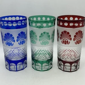 3 Vtg Shannon Crystal Blue Red Green Cut To Clear Tumblers Shell Design Glasses - Picture 1 of 9