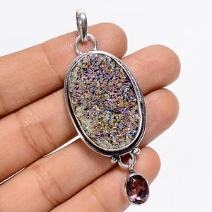 Titanium Druzy Tourmaline Gemstone 925 Silver Handmade Pendant 2.4" ARP-5666 - Picture 1 of 3