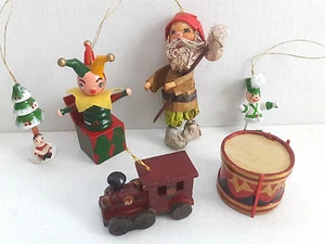 Vintage Wooden & Paper Mache Christmas Tree Ornaments Decorations Set of 6 - Picture 1 of 12