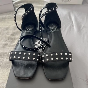 Vince Camuto Sherona Sandals Nail Head Ankle Strap Size 6 Black Leather - Picture 1 of 5