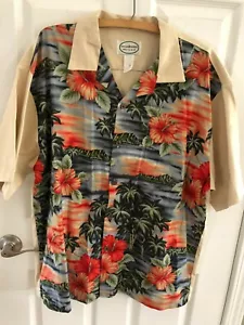 Men's Vintage Hawaiian Shirt Cheese Burger Restaurant Brand XL Hibiscus Floral - Picture 1 of 5