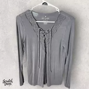 American Eagle Soft & Sexy T Women's Medium Lace Up Long Sleeve Top Gray SKU59 - Picture 1 of 3