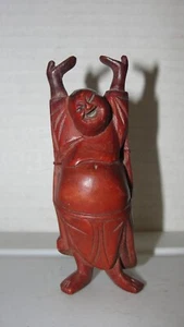 4" WOODEN STRETCHING SMILING BUDDHA FIGURINE - Picture 1 of 4